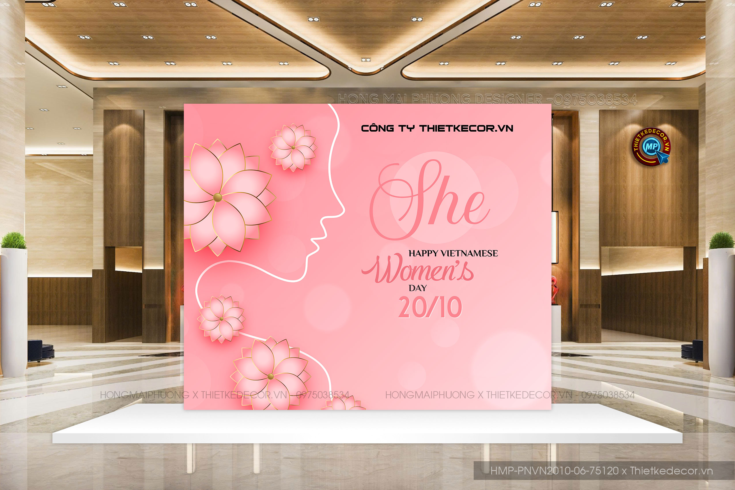 Backdrop Phụ nữ VN 20-10 tone hồng cam in bạt xinh xắn